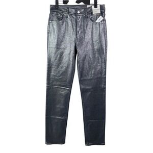 Gap High Rise 90s Straight Jeans Metallic Silver Over Blue Denim Stretch Size 28